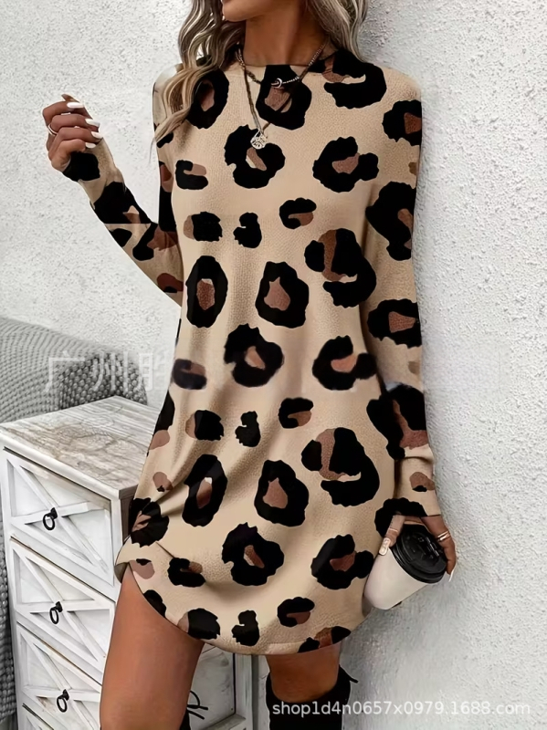 Naiste pikkade kätega kleit, A-liin siluett, lühike seelik, polüester, botaaniline lillemustr