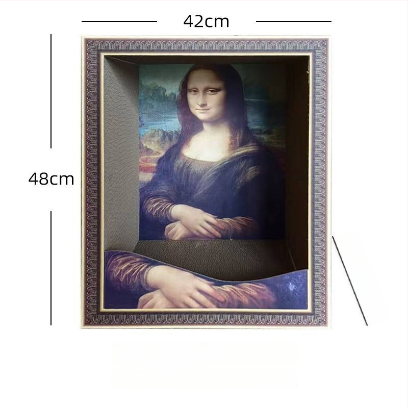 Mona Lisa inspireeritud kassi pesa ja kraapimislaud, kulumiskindel pind, õlimaal-stiilis trükk, gofreeritud paberi konstruktsioon, lihtne stiil