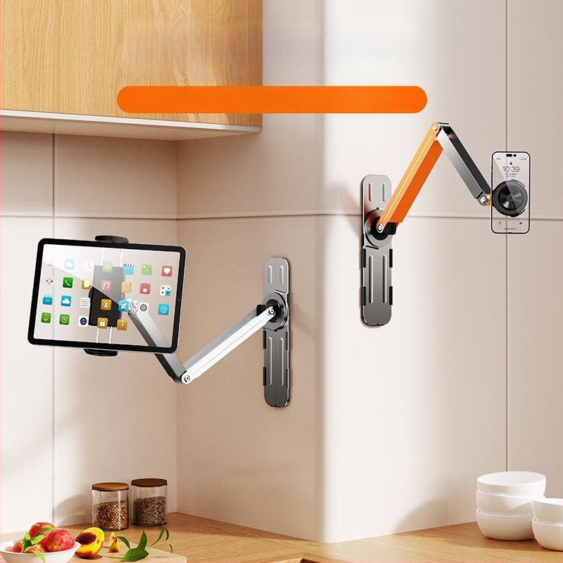 Seinakinnitusega telefonihoidik 360° pöörlemisega, puurimata, süsinikteras + ABS, universaalne stiil