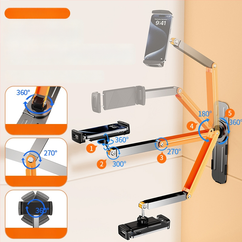 Seinakinnitusega telefonihoidik 360° pöörlemisega, puurimata, süsinikteras + ABS, universaalne stiil