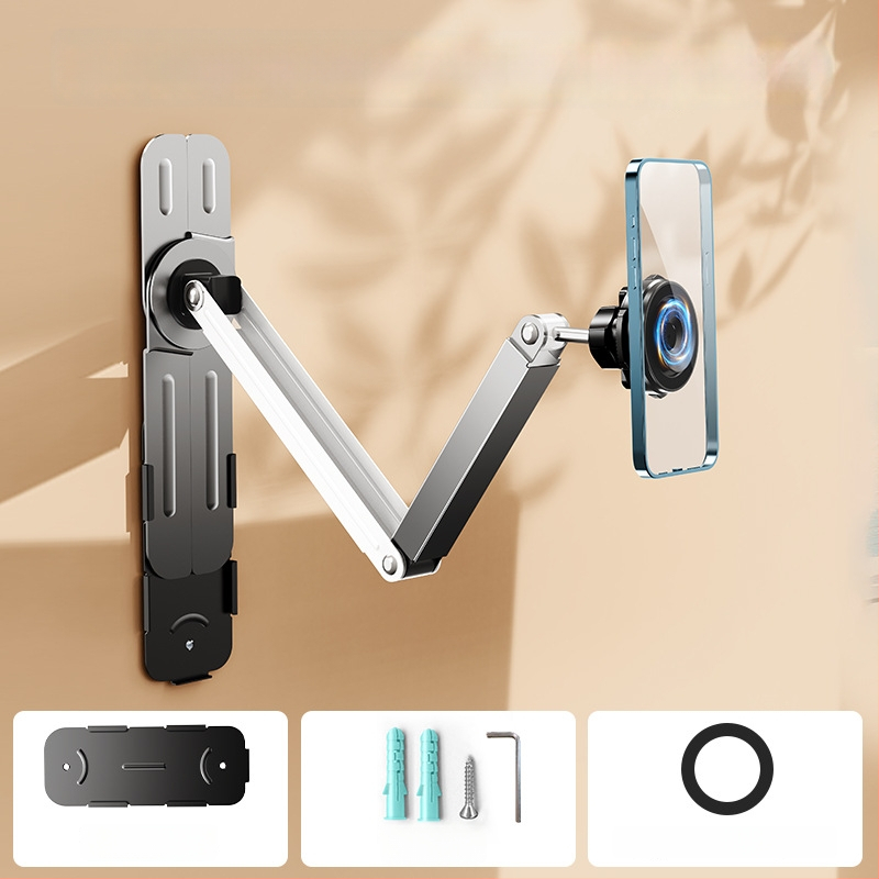 Seinakinnitusega telefonihoidik 360° pöörlemisega, puurimata, süsinikteras + ABS, universaalne stiil