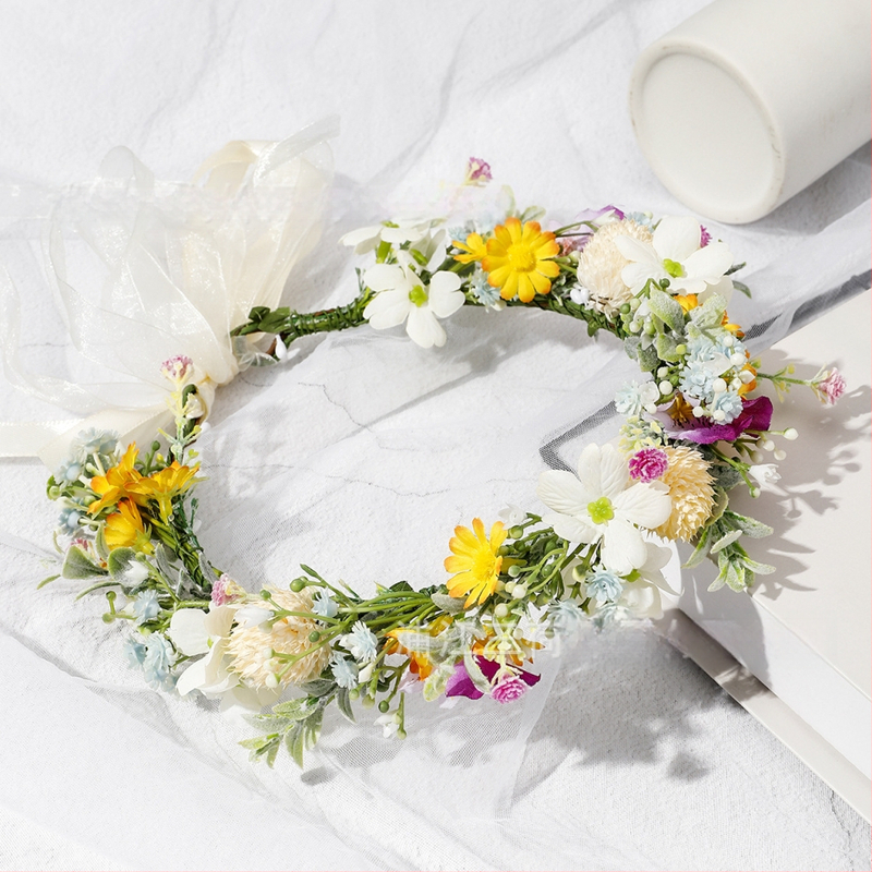 Boheemiline lillede pärg peale, käsitsi kootud materjal, elegantne unisex pulmatarvik, kevad 2025