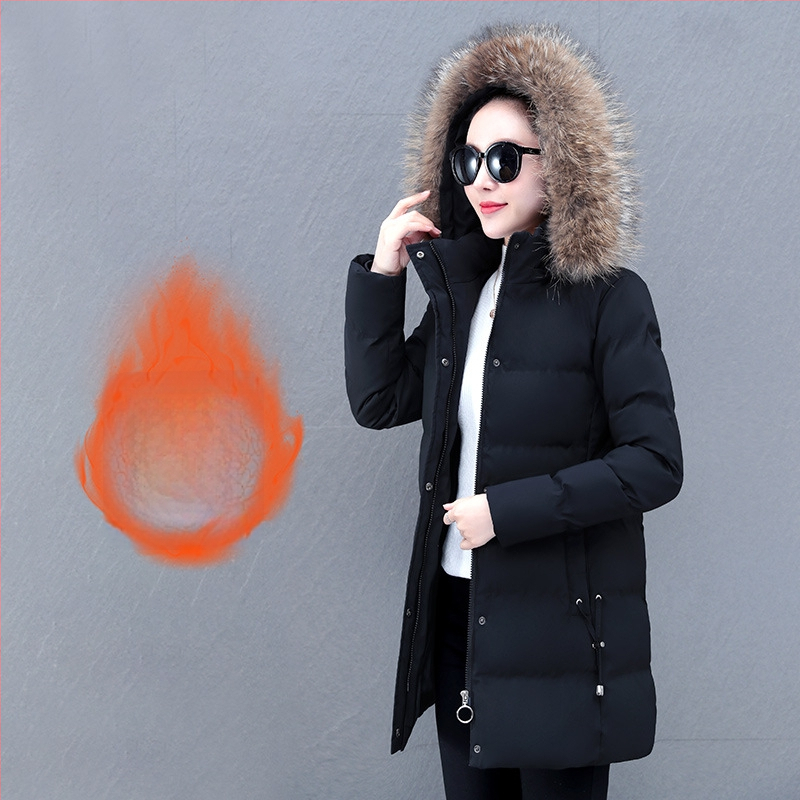 Puuvillane mantel eemaldatava kapuutsiga ja kunstliku karusnaha kaelusega, eesmine tõmblukk, keskmise pikkusega