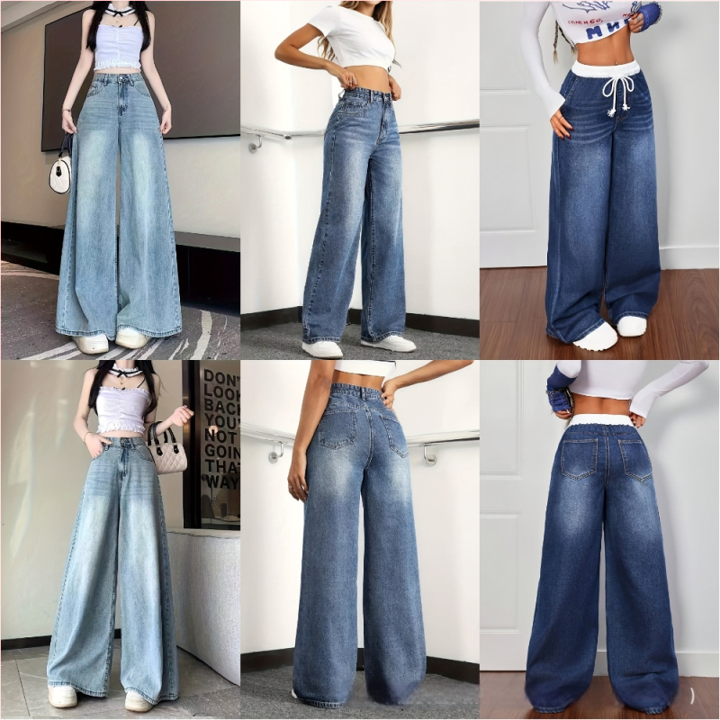 Denim teksapüksid, keskmise vöökoha, vabas lõikes, pikad püksid, keskmise elastusega