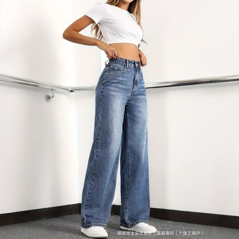 Denim teksapüksid, keskmise vöökoha, vabas lõikes, pikad püksid, keskmise elastusega