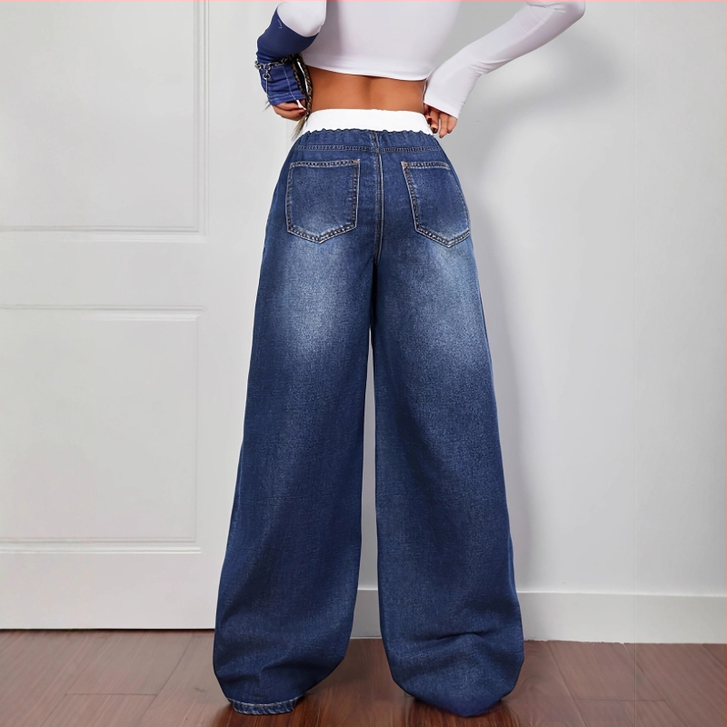 Denim teksapüksid, keskmise vöökoha, vabas lõikes, pikad püksid, keskmise elastusega