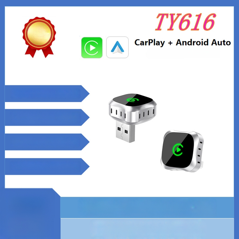 2-v-1 bezdrôtová krabička CarPlay a Android Auto s hliníkovým telom a akrylovým zrkadlovým povrchom, USB-C rozhranie, Linux OS, model TY616, kompatibilné s káblovým CarPlay/Android Auto