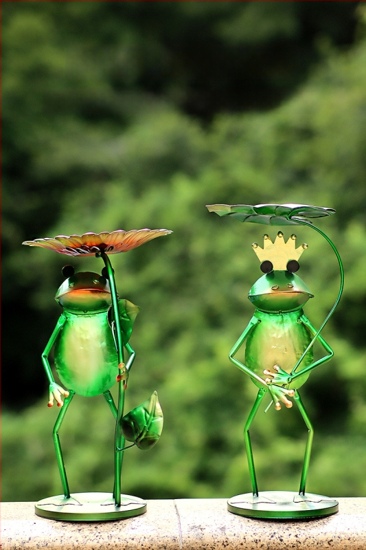 Väljas kasutatav raudne linnutoitja konn-motiiviga ja lille sisestusega aiadekoratsioon