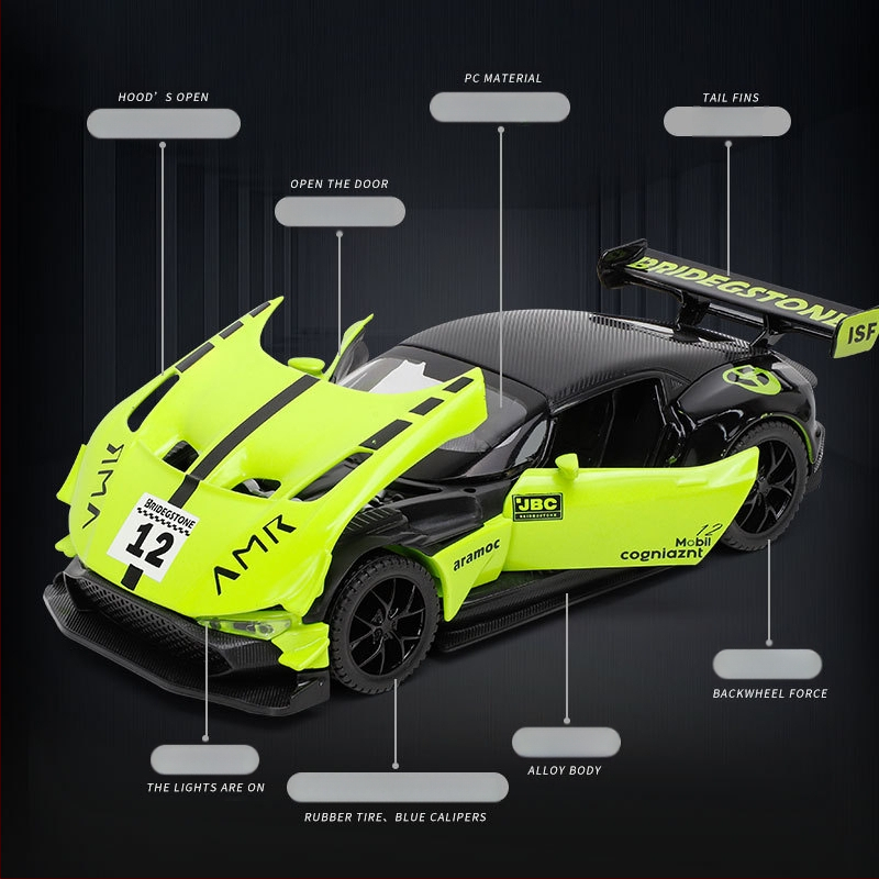 Zliatinový 1:32 závodný model auta so svetelnými efektmi a zvukom, batériový pohon