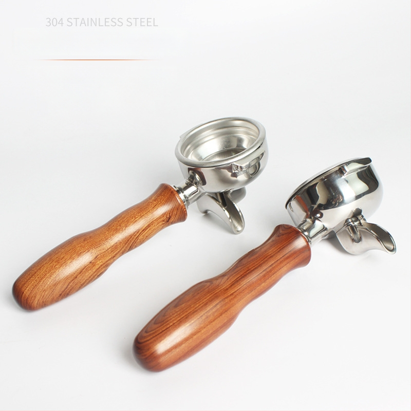 Rukoväť na espresso portafilter – kompatibilná so dvojitým výstupom, drevo + 304 nerezová oceľ, moderný jednoduchý štýl, vhodné pre bary, kaviarne, reštaurácie a domovy