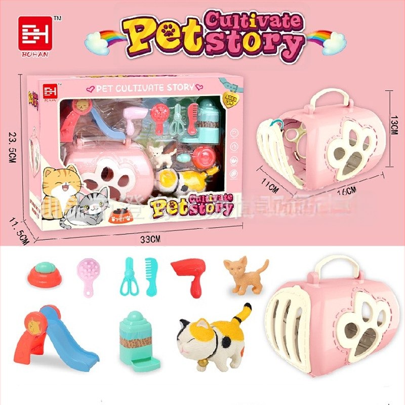 Simulēta mājdzīvnieku kaste bērniem — spēļu mājiņa, plastmasa, vecums 4–6 gadi, suņa kucēna un kaķa komplekts