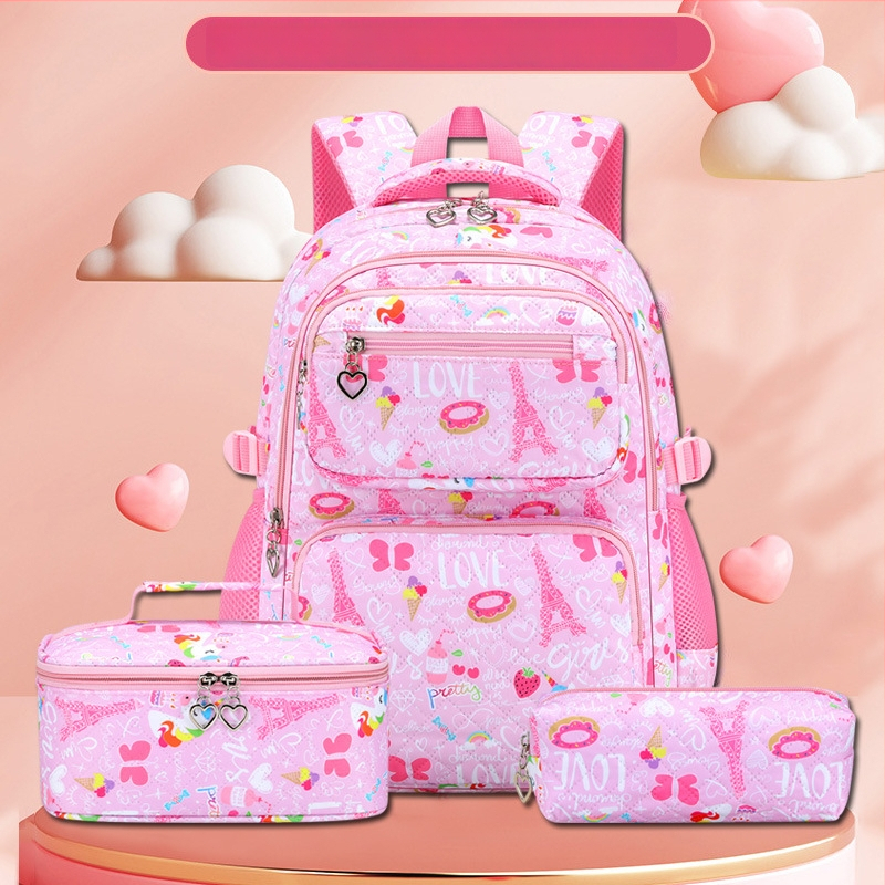 Mergaitėms skirtas trijų dalių Oxford audinio kuprinių komplektas su animaciniu piešiniu, oro pagalvės diržai, kvėpuojantis, ultra lengvas ir sulankstomas – gaivus ir saldus stilius, 5–6 klasei