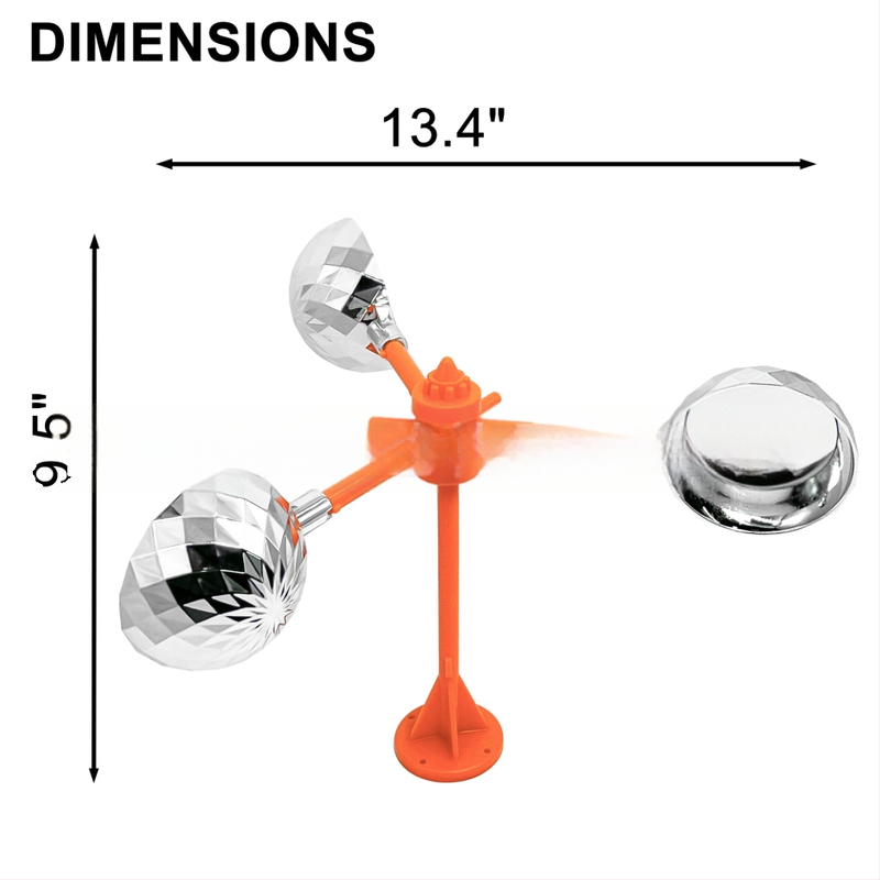 Ochranné zariadenie proti vtákom s napájaním zo slnka a veterným pohonom, ABS konštrukcia, zvukové a svetelné odpudzovanie, určené pre ovocné sady, rybníky a poľnohospodársku pôdu.