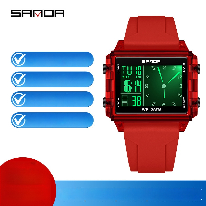 Sanda digitálne školské hodinky — obdĺžnikový ciferník, plastové puzdro, silikónový remienok, vodotesnosť 50 m, elektronický pohon