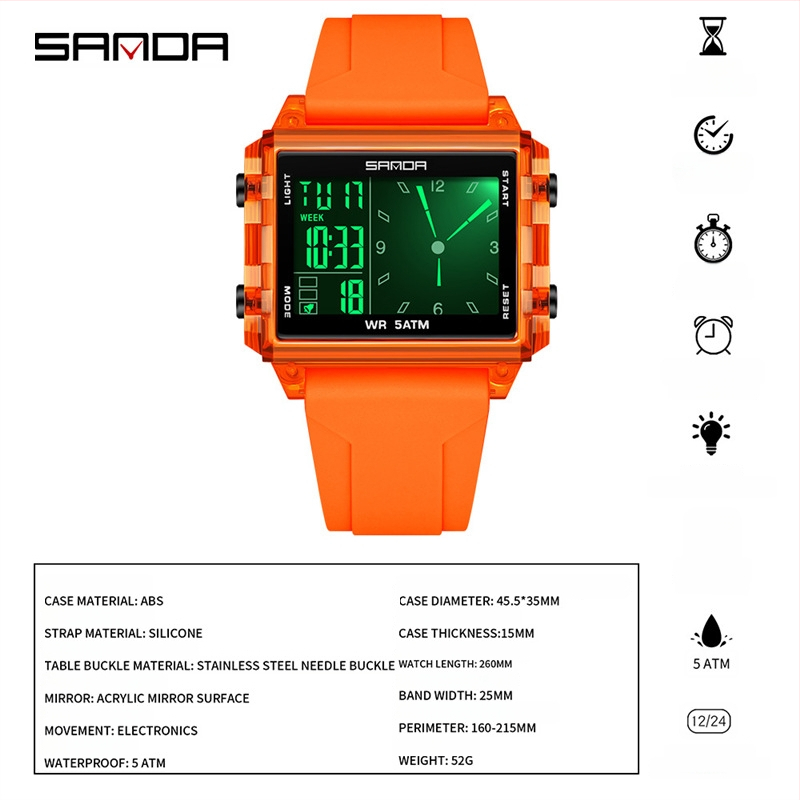 Sanda digitálne školské hodinky — obdĺžnikový ciferník, plastové puzdro, silikónový remienok, vodotesnosť 50 m, elektronický pohon