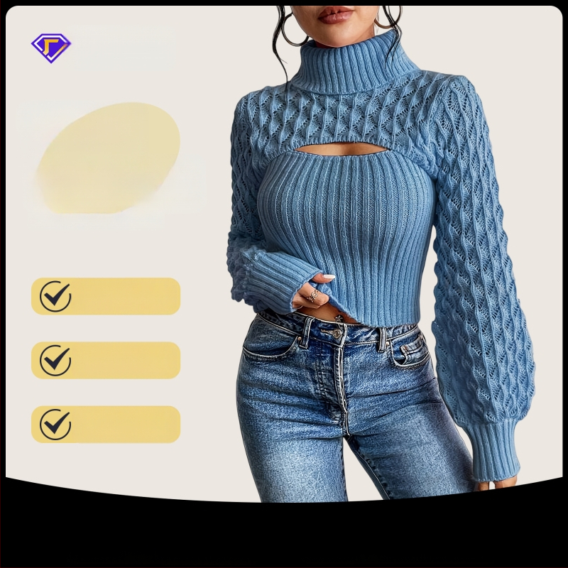 Naiste akrüülist kootud džemper koos rever-kaelusega, laterna varrukatega, ühevärviline muster, vaba lõige