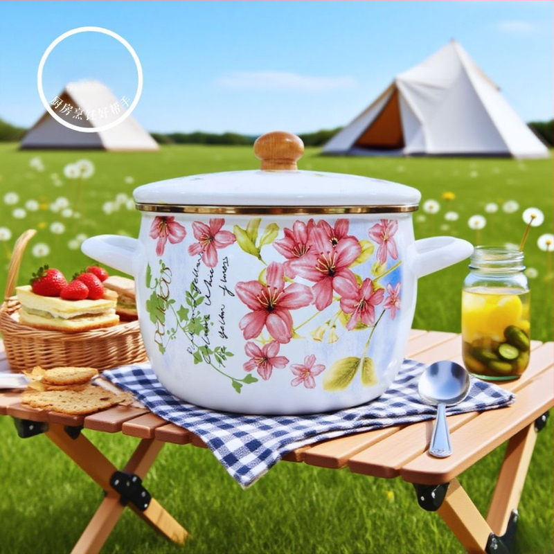 Smaltovaná hlboká nádoba na polievku s dvojitými uchami, nepriľnavý povrch, pokrievka