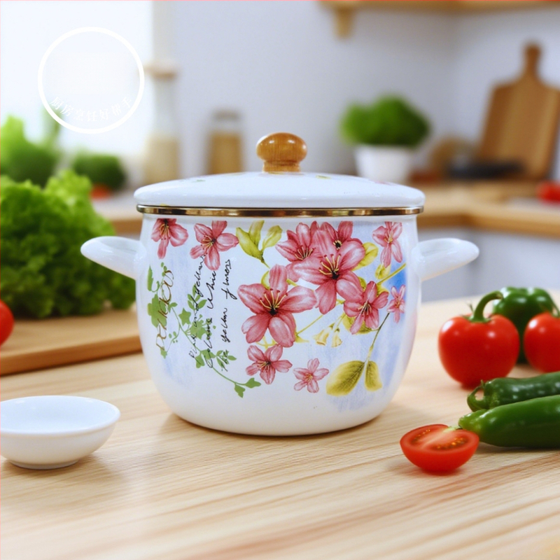 Smaltovaná hlboká nádoba na polievku s dvojitými uchami, nepriľnavý povrch, pokrievka