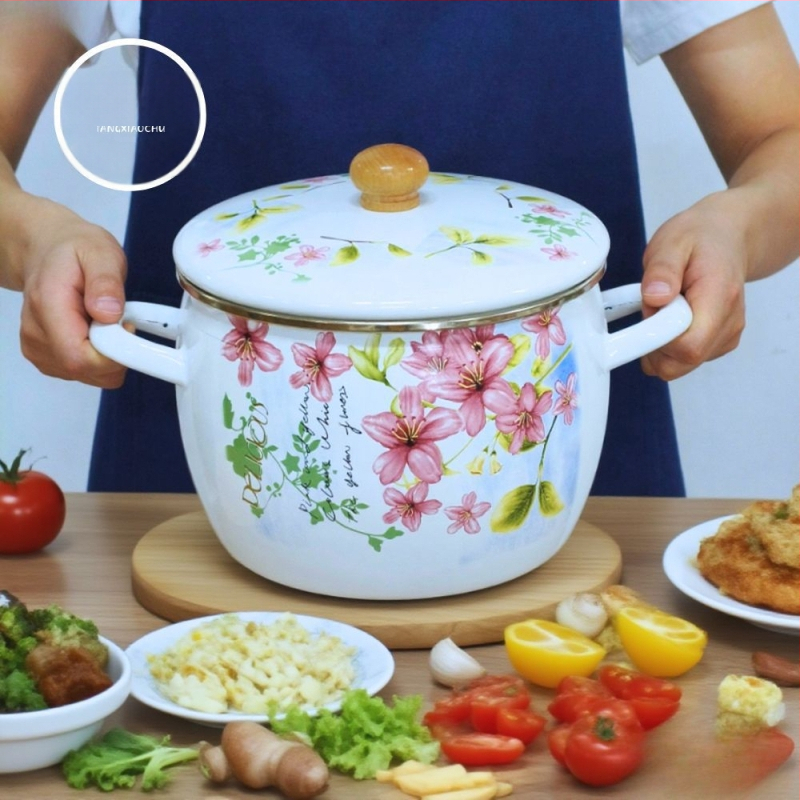 Smaltovaná hlboká nádoba na polievku s dvojitými uchami, nepriľnavý povrch, pokrievka