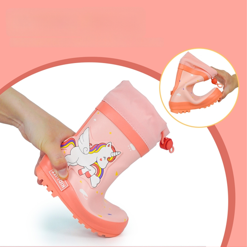 Detské dažďové topánky s motívom jednorožca, gumová vrchná časť, vysoký holenný, nízky podpätok, celoročné použitie