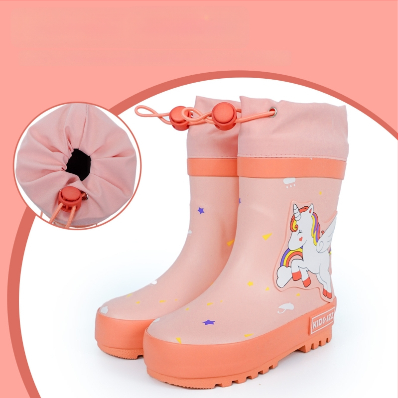 Detské dažďové topánky s motívom jednorožca, gumová vrchná časť, vysoký holenný, nízky podpätok, celoročné použitie
