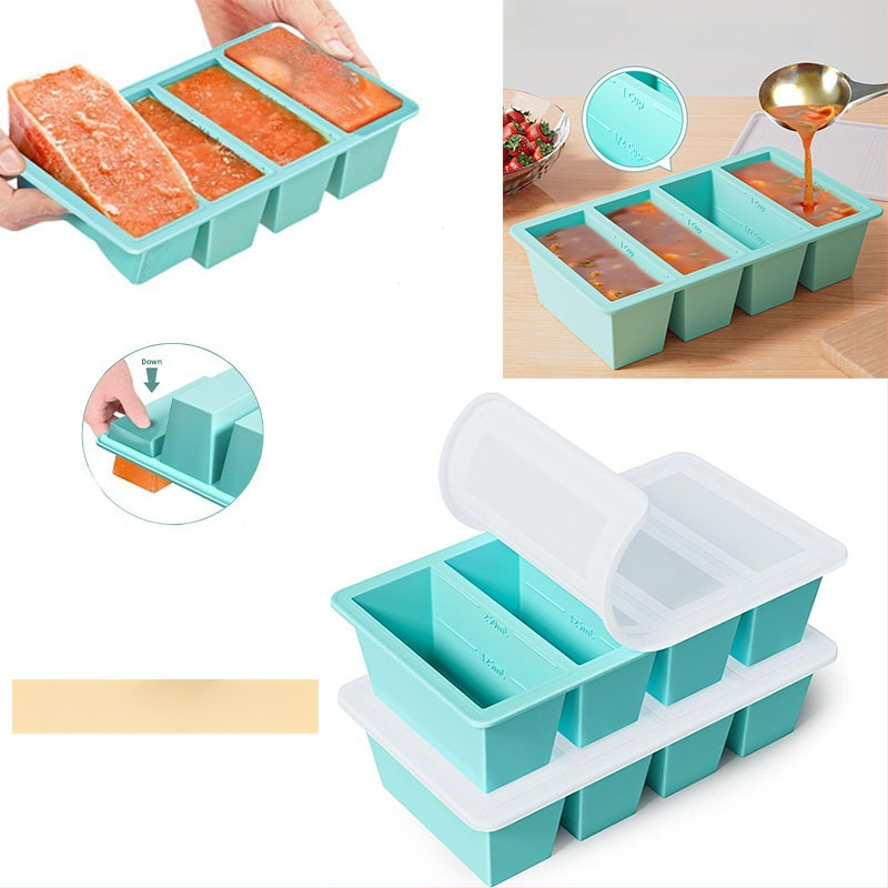 Silikónová forma na ľad so viečkom, 4 priehradky, 80 ml na priehradku, rýchle zmrazenie, prispôsobiteľný tvar