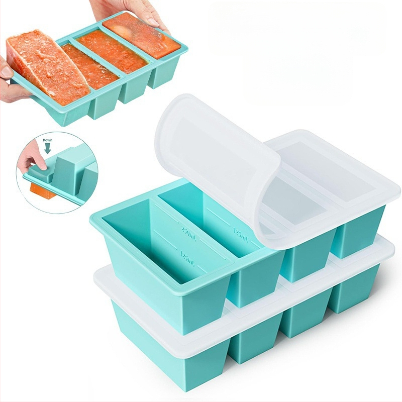 Silikónová forma na ľad so viečkom, 4 priehradky, 80 ml na priehradku, rýchle zmrazenie, prispôsobiteľný tvar