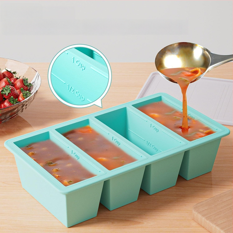 Silikónová forma na ľad so viečkom, 4 priehradky, 80 ml na priehradku, rýchle zmrazenie, prispôsobiteľný tvar