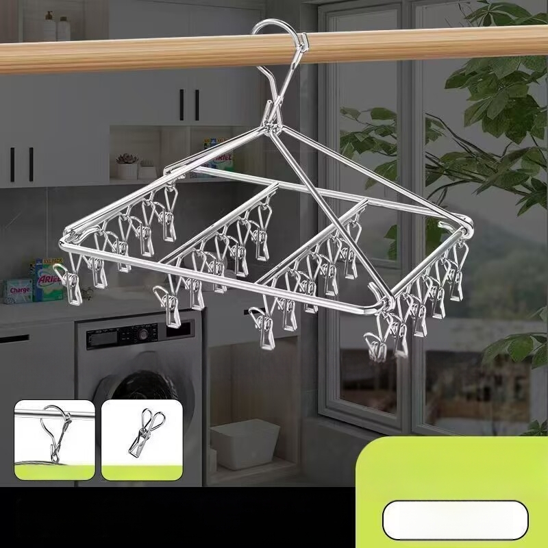 Nerezový vešiak na sušenie odevov, prenosný štvorcový rám so viacerými klipsami na ponožky, moderný minimalistický dizajn