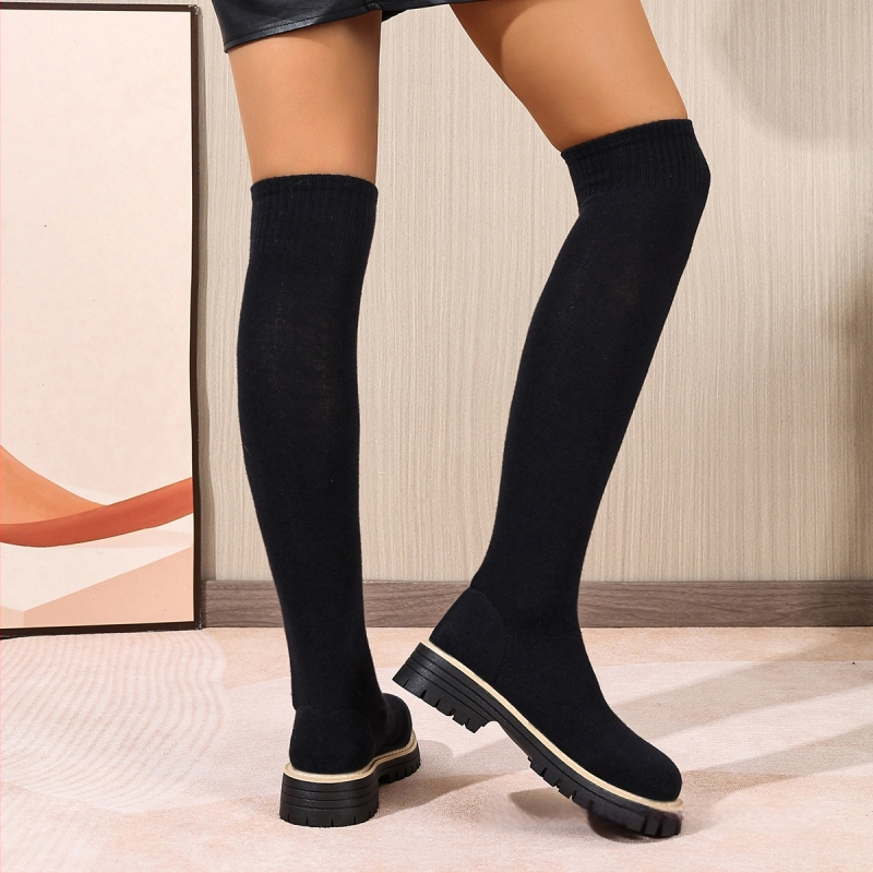 Čižmy nad kolená s okrúhym nosom, PU vrchná časť, hrubý stredný podpätok 3–5 cm, slip-on