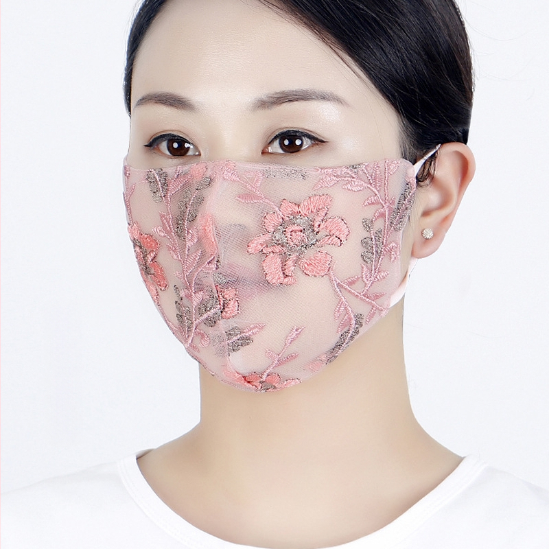 Oufeng vyšívaná maska na tvár pre ženy - zmes materiálu, výšivka, ušné pútka, UV ochrana, kvetinový vzor
