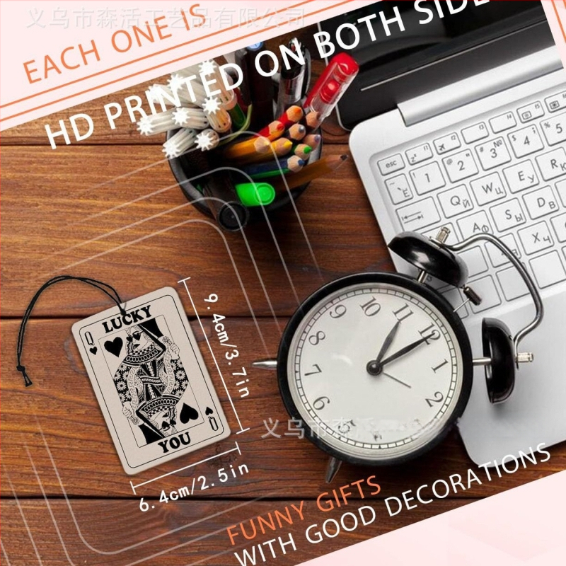 6-dielna sada dvojstranných kariet šťastia do auta – visací doplnok pre interiér auta a šatník; Materiál: kartónový papier; Spracovanie: gravírovanie, tlač, sieťotlač, leštenie; Kód produktu: X1142