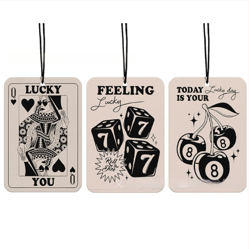 6-dielna sada dvojstranných kariet šťastia do auta – visací doplnok pre interiér auta a šatník; Materiál: kartónový papier; Spracovanie: gravírovanie, tlač, sieťotlač, leštenie; Kód produktu: X1142