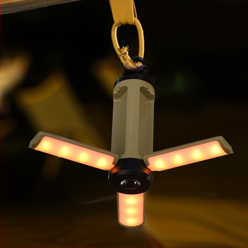 LED kempingová lampa XF-LY23, nabíjateľná, 3V, 5W, 90° skladací dizajn s tromi lopatkami