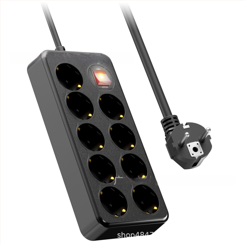 Napájací rozvádzač so 9 zásuvkami, bezpečnostnou clonou a dvojitým hlavným vypínačom — 10A, 100-250V AC, ohňovzdorný PC plášť, CE