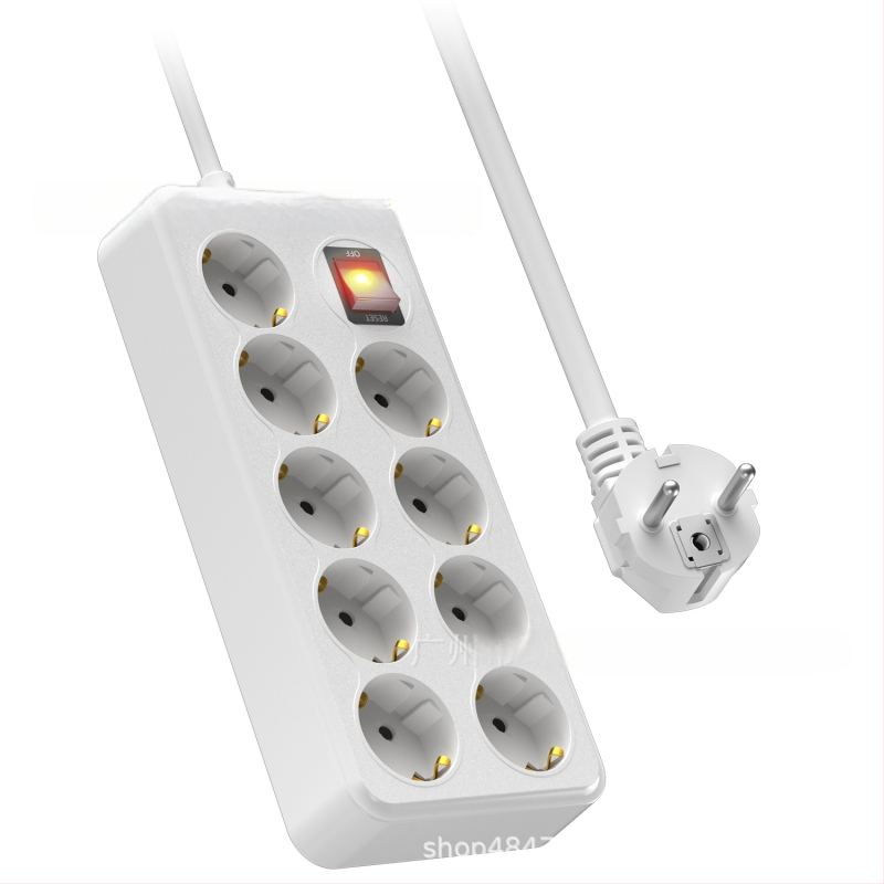 Napájací rozvádzač so 9 zásuvkami, bezpečnostnou clonou a dvojitým hlavným vypínačom — 10A, 100-250V AC, ohňovzdorný PC plášť, CE