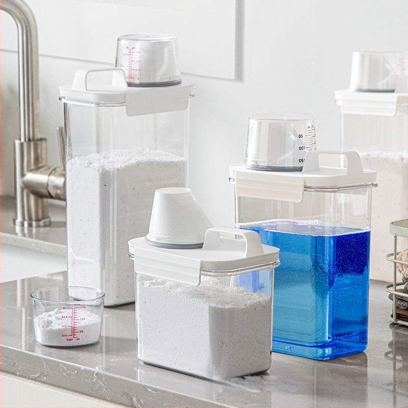 Plastový kontajner na prášok na pranie s meracou nádobou, priehľadný, moderný štýl, objem 1100/1800/2300 ml