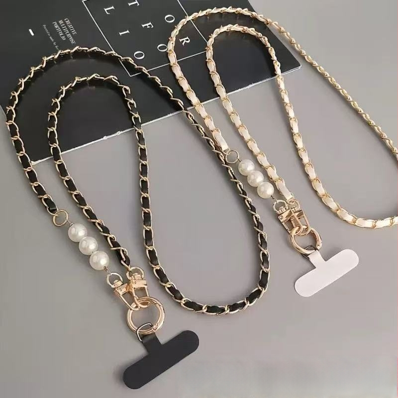 Perlový kožený reťazec na telefón cez rameno, ručne vyrobený, kovová spona