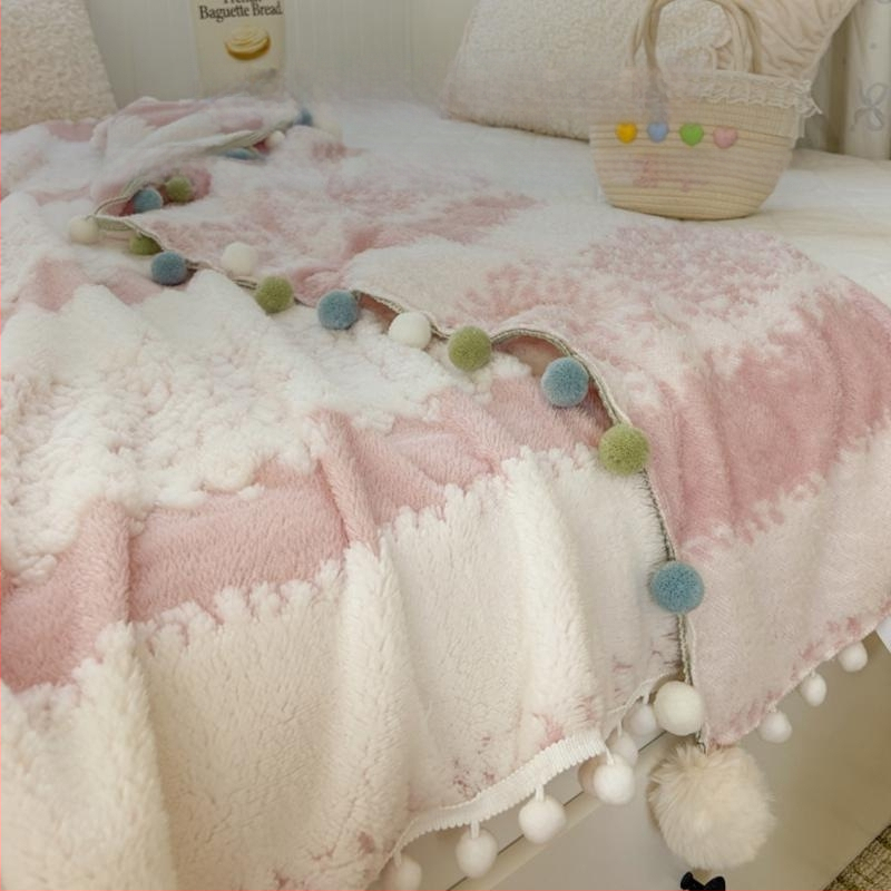 Pom-pom pletená deka, hrubá z mliečnej priadze, vhodná ako šál a kryt na pohovku