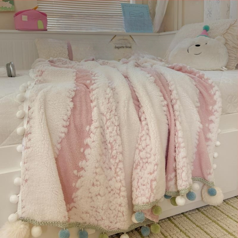 Pom-pom pletená deka, hrubá z mliečnej priadze, vhodná ako šál a kryt na pohovku