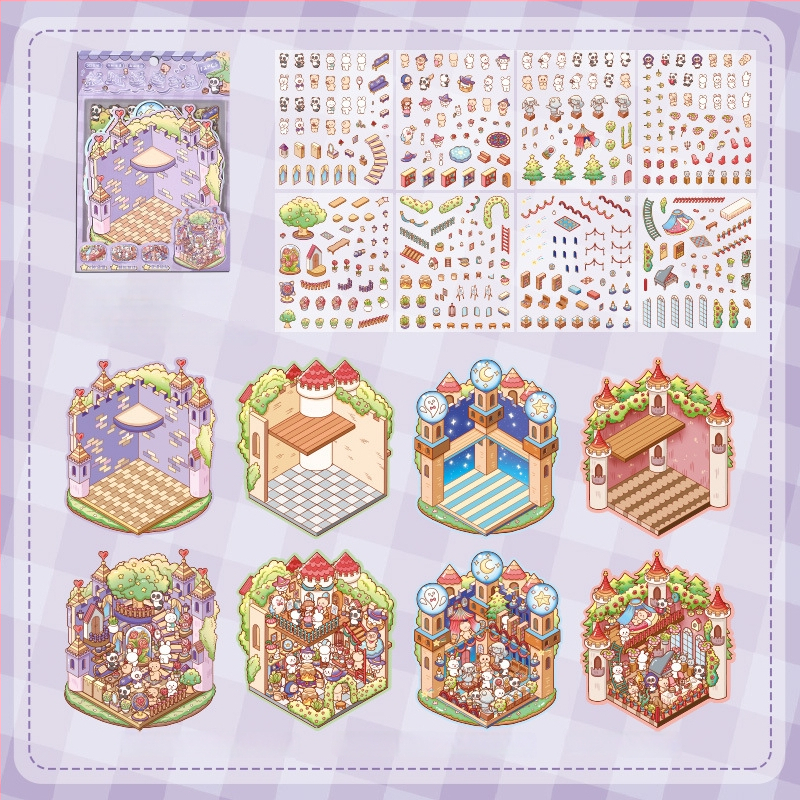 3D mini krajinkové nálepky - vrstvená scéna domčekov, DIY, kreslený štýl, 12 ks