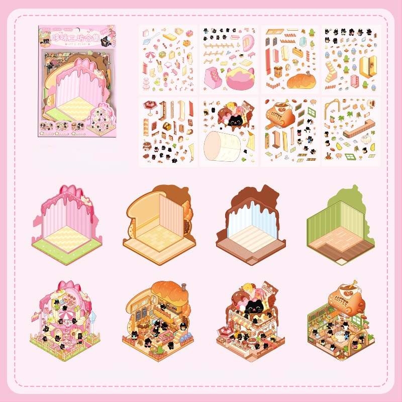 3D mini krajinkové nálepky - vrstvená scéna domčekov, DIY, kreslený štýl, 12 ks