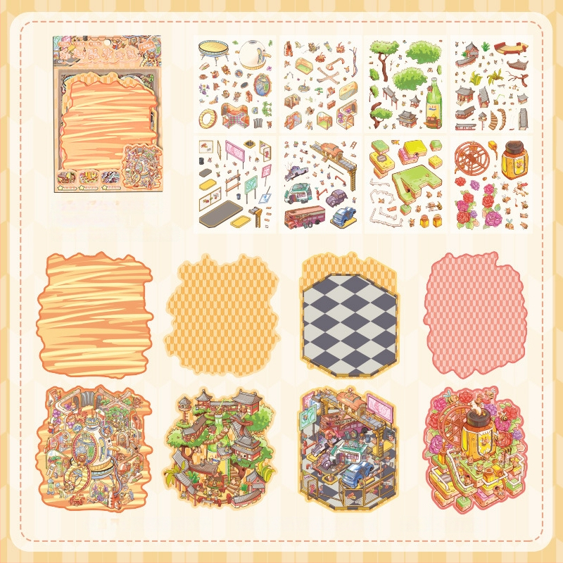 3D mini krajinkové nálepky - vrstvená scéna domčekov, DIY, kreslený štýl, 12 ks