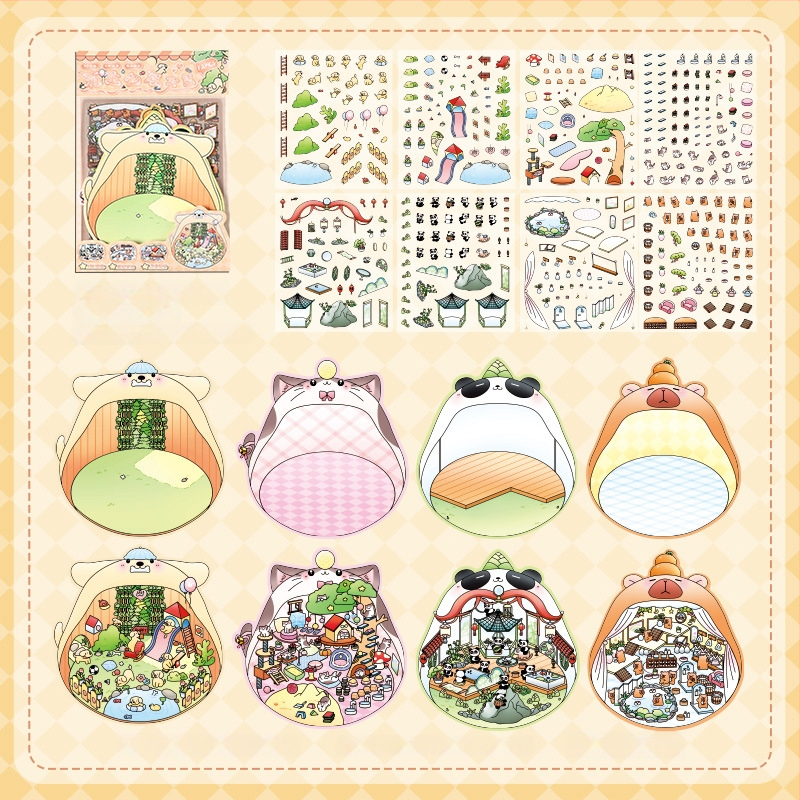 3D mini krajinkové nálepky - vrstvená scéna domčekov, DIY, kreslený štýl, 12 ks