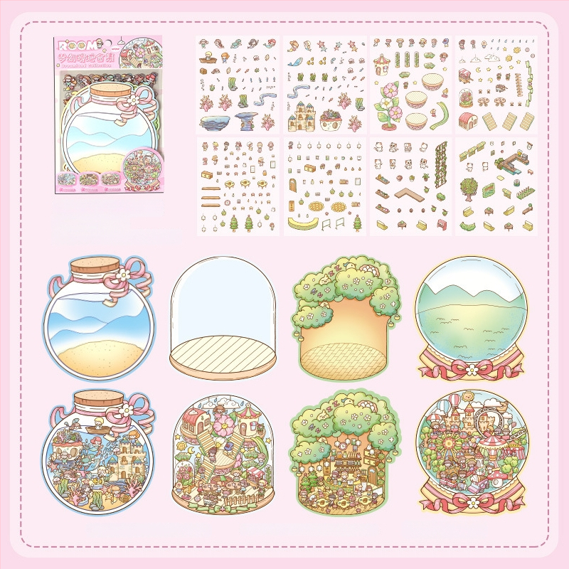 3D mini krajinkové nálepky - vrstvená scéna domčekov, DIY, kreslený štýl, 12 ks