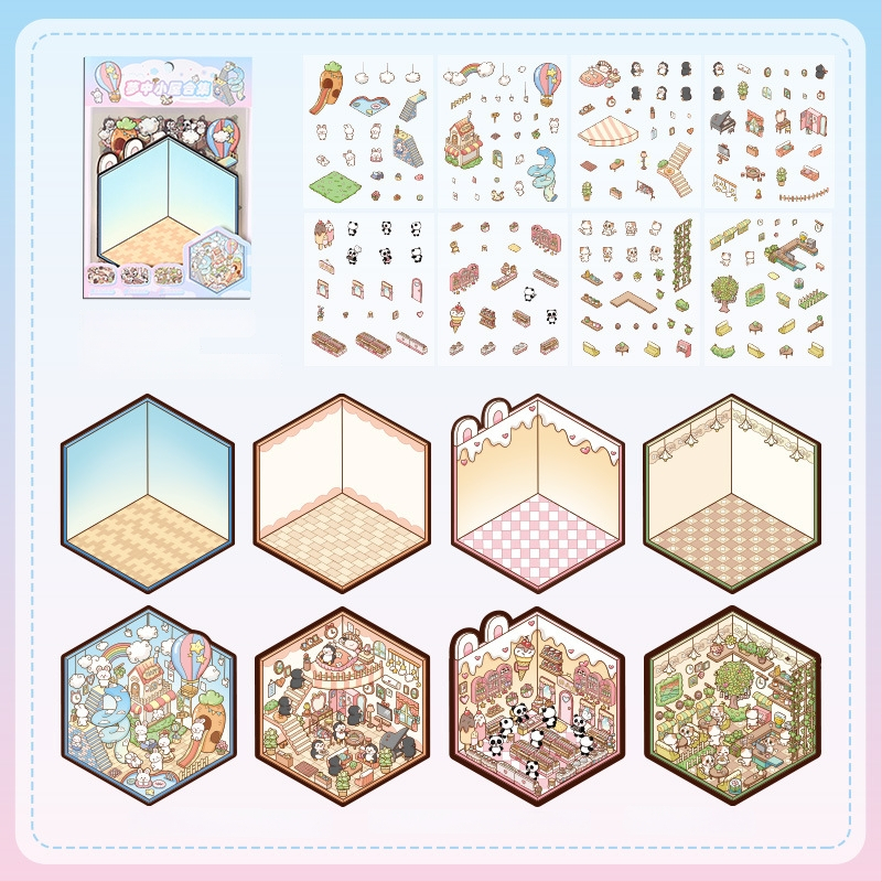 3D mini krajinkové nálepky - vrstvená scéna domčekov, DIY, kreslený štýl, 12 ks