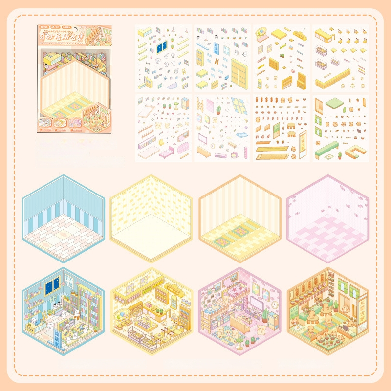 3D mini krajinkové nálepky - vrstvená scéna domčekov, DIY, kreslený štýl, 12 ks