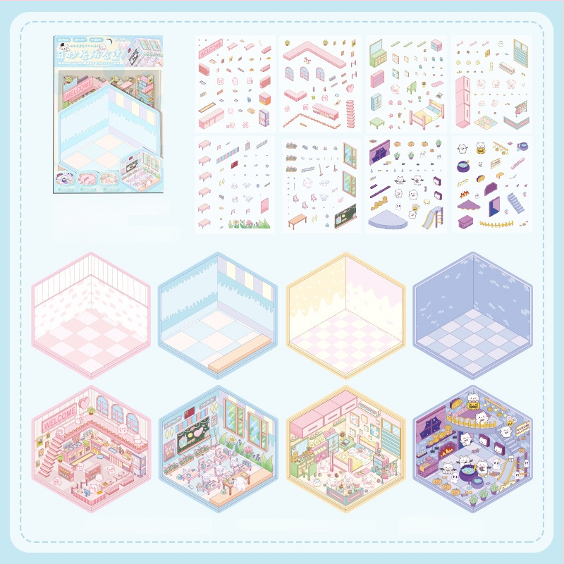 3D mini krajinkové nálepky - vrstvená scéna domčekov, DIY, kreslený štýl, 12 ks