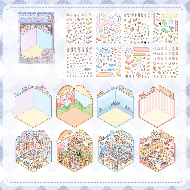 3D mini krajinkové nálepky - vrstvená scéna domčekov, DIY, kreslený štýl, 12 ks