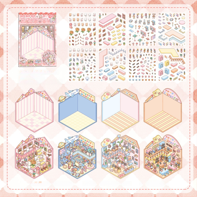 3D mini krajinkové nálepky - vrstvená scéna domčekov, DIY, kreslený štýl, 12 ks